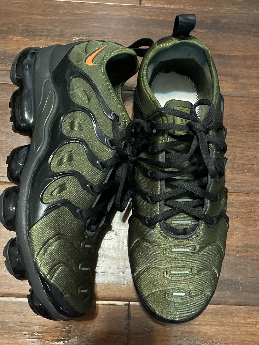 Nike Men's Olive Green and Black Air VaporMax Plus with Orange Swoosh